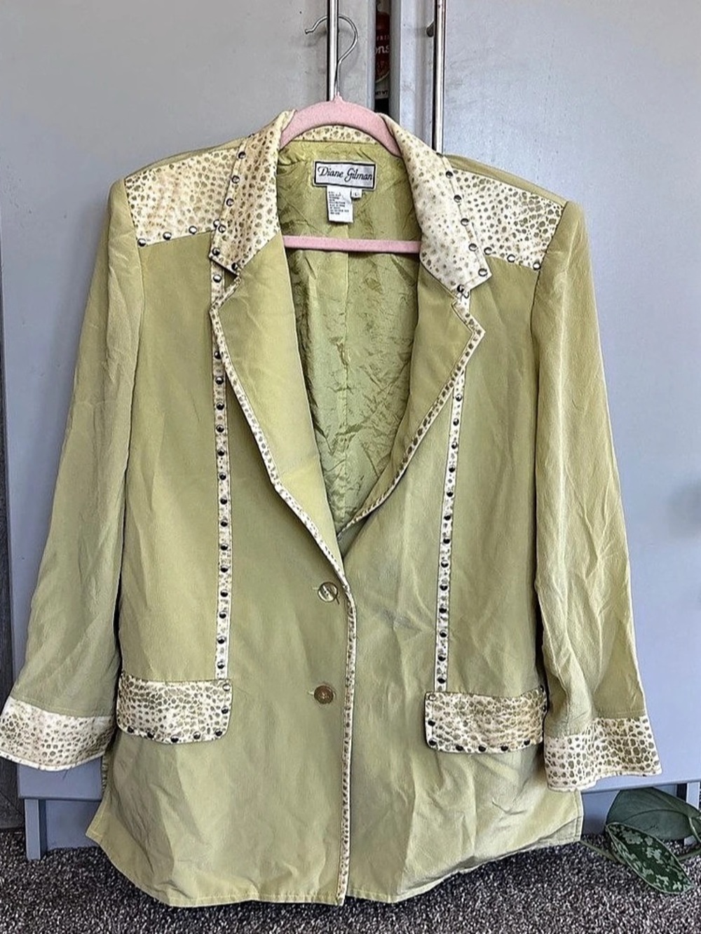Diane Gilman Embellished Blazer in Green Size Large Like New
